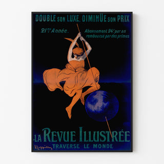 Vintage plakat La Revue illustrée, vist i en tynd ramme på en lys væg.