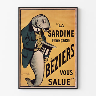 Vintage plakat La Sardine française, Béziers, vist i en tynd ramme på en lys væg.