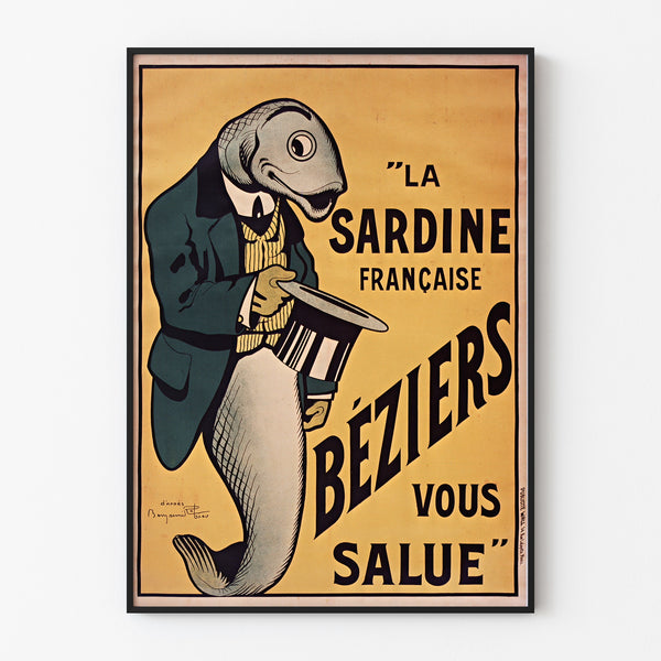 Vintage plakat La Sardine française, Béziers, vist i en tynd ramme på en lys væg.
