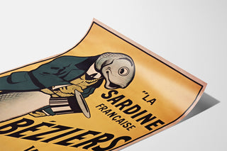 Vintage plakat La Sardine française, Béziers, vist på et buet ark set i perspektiv.