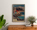 Vintage plakat La Turbie, PLM-jernbaner, indrammet over en trækommode mellem planter.