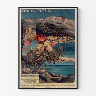 Vintage plakat La Turbie, PLM-jernbaner, vist i en tynd ramme på en lys væg.