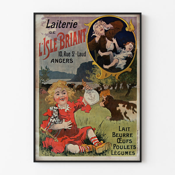 Vintageplakat Laiterie de l’Isle Briant, Angers, vist i en smal ramme på en lys væg.