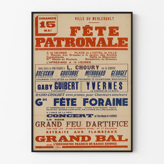 Vintage plakat Le Merlerault, byfest, vist i en smal ramme på en lys væg.