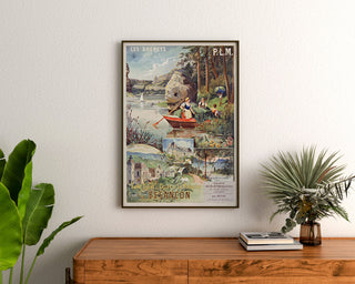 Vintage plakat Les Brenets — PLM, saltbade i Besançon, indrammet over en trækommode mellem planter.