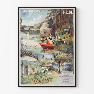 Vintage plakat Les Brenets — PLM, saltbade i Besançon, vist i en slank ramme på en lys væg.