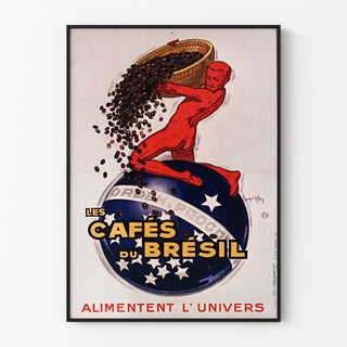 Vintage plakat Les Cafés du Brésil, vist i en tynd ramme på en lys væg.