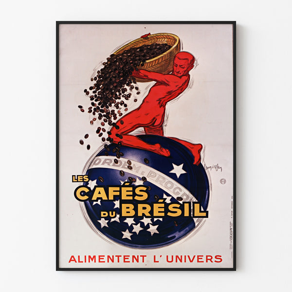 Vintage plakat Les Cafés du Brésil, vist i en tynd ramme på en lys væg.