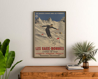 Vintage plakat Les Eaux-Bonnes, vintersport, indrammet over en kommode i træ mellem planter.