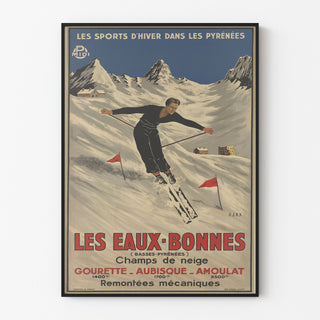 Vintage-plakat Les Eaux-Bonnes, vintersport, vist i en tynd ramme på en lys væg.
