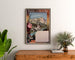 Vintage-plakat Lourdes, chemins de fer du Midi, indrammet over en trækommode mellem planter.