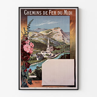 Vintage-plakat Lourdes, chemins de fer du Midi, vist i en tynd ramme på en lys væg.