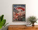 Vintage plakat Luchon, kasino og kurbade, indrammet over en trækommode mellem planter.