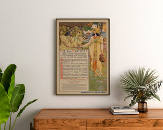 Vintageplakat Marseille, fêtes du centenaire, indrammet over en trækommode mellem planter.