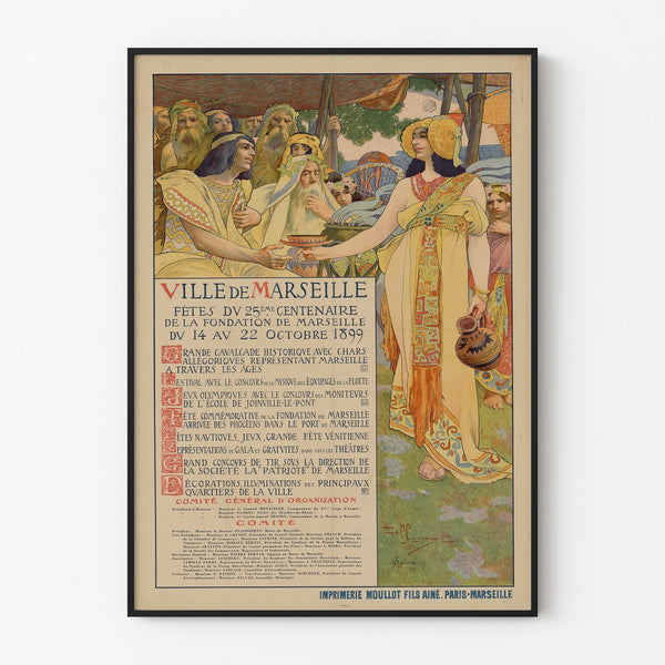 Vintageplakat Marseille, fêtes du centenaire, vist i en tynd ramme på en lys væg.