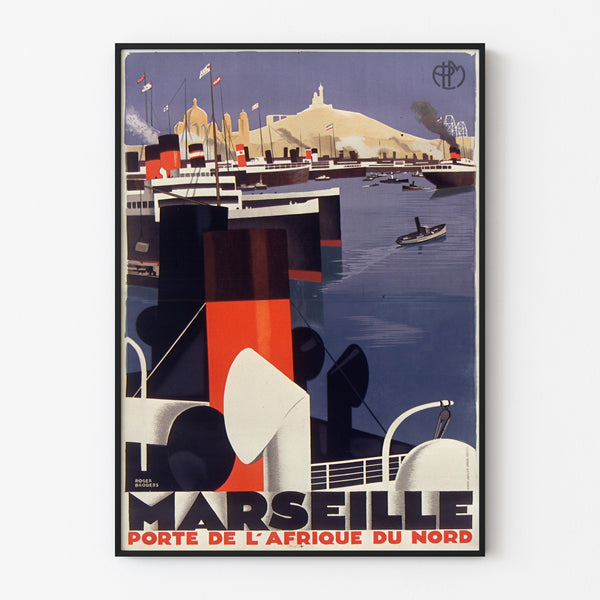 Vintageplakat Marseille, porte de l’Afrique du Nord, vist i en tynd ramme på en lys væg.