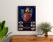 Vintage plakat "Monet & Goyon, machines" indrammet over et trækommode mellem planter.
