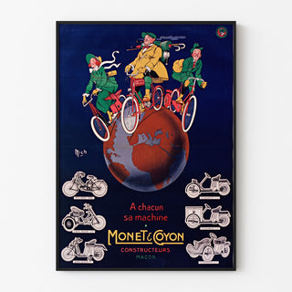 Vintage plakat "Monet & Goyon, machines" vist i en tynd ramme på en lys væg.