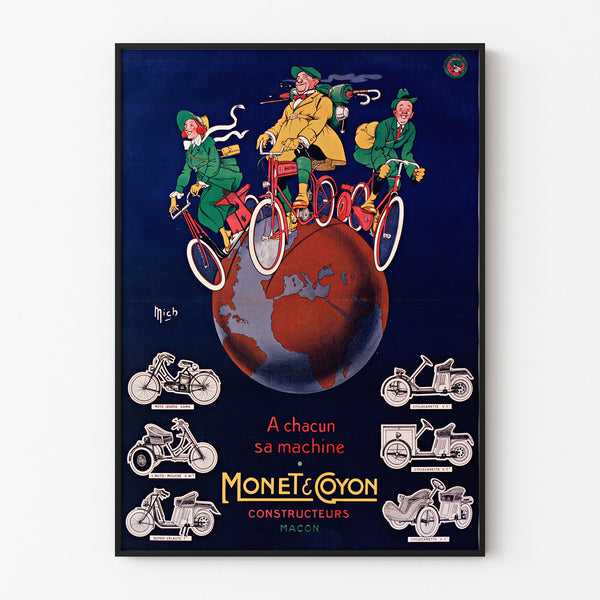 Vintage plakat "Monet & Goyon, machines" vist i en tynd ramme på en lys væg.