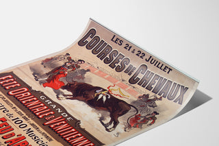 Vintage plakat Mont-de-Marsan, fester og løb, vist på et buet ark set i perspektiv.