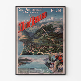 Vintageplakat Mont-Revard, tandhjulsbane, vist i en tynd ramme på en lys væg.