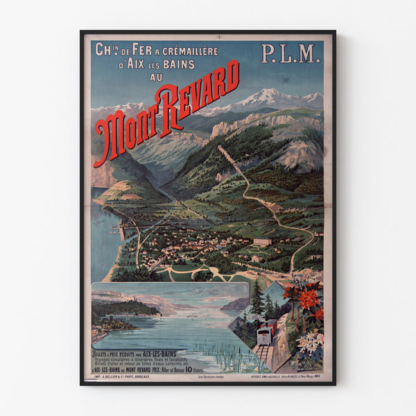 Vintageplakat Mont-Revard, tandhjulsbane, vist i en tynd ramme på en lys væg.