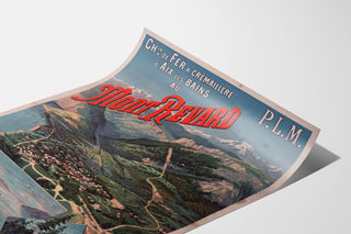 Vintageplakat Mont-Revard, tandhjulsbane, vist på et bøjet ark, perspektivisk visning.