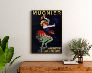 Vintage plakat Mugnier. Apéritif au vin de Bourgogne, indrammet over en trækommode mellem planter.