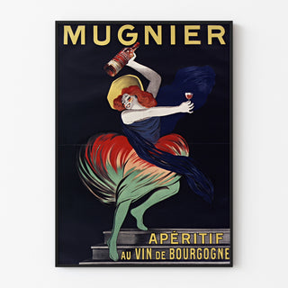 Vintage plakat Mugnier. Apéritif au vin de Bourgogne, vist i en tynd ramme på en lys væg.