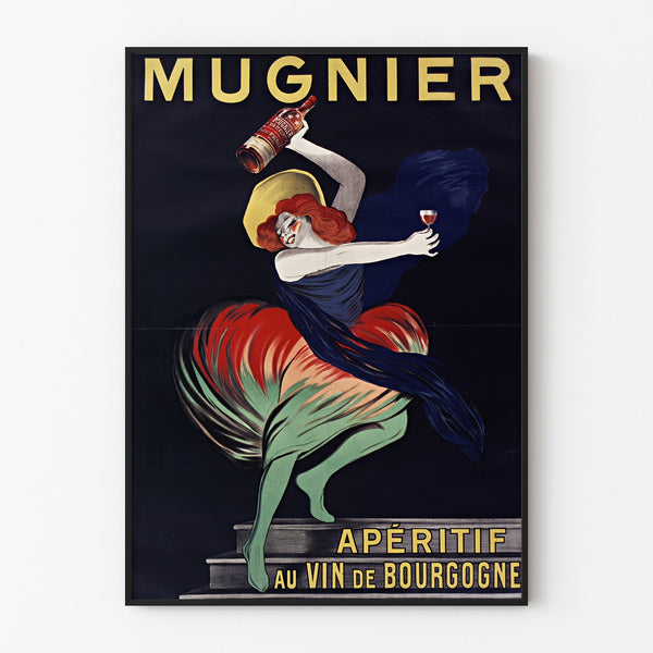 Vintage plakat Mugnier. Apéritif au vin de Bourgogne, vist i en tynd ramme på en lys væg.