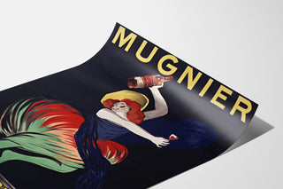 Vintage plakat Mugnier. Apéritif au vin de Bourgogne, vist på et krøllet ark i perspektiv.