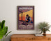 Vintage-plakat Mulhouse, litografisk udstilling, indrammet over en trækommode mellem planter.