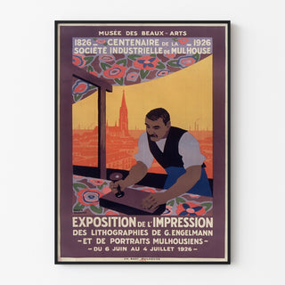 Vintage-plakat Mulhouse, litografisk udstilling, vist i en tynd ramme på en lys væg.
