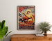 Vintage plakat Neuilly, blomsterfest, 1890, indrammet over en kommode i træ, flankeret af planter.