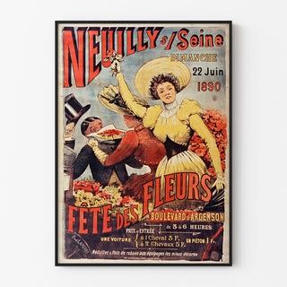 Vintage plakat Neuilly, blomsterfest, 1890, indrammet i en tynd ramme på en lys væg.