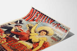 Vintage plakat Neuilly, blomsterfest, 1890, vist på et bøjet ark, perspektivvisning.