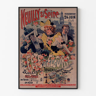 Vintage plakat Neuilly, blomsterfest, 1894, indrammet i en tynd ramme på en lys væg.