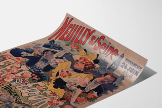 Vintage plakat Neuilly, blomsterfest, 1894, vist på et bøjet ark, perspektivvisning.