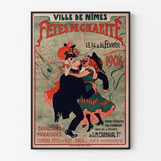 Vintage plakat Nîmes, velgørenhedsfester, vist i en tynd ramme på en lys væg.