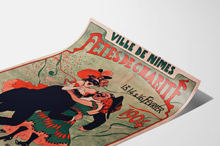 Vintage plakat Nîmes, velgørenhedsfester, vist på et let bøjet ark i perspektiv.
