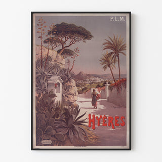 Vintage plakat P. L. M. Hyères, vist i en smal ramme på en lys væg.