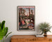 Vintage plakat "Paray-le-Monial, train" indrammet over et trækommode mellem planter.