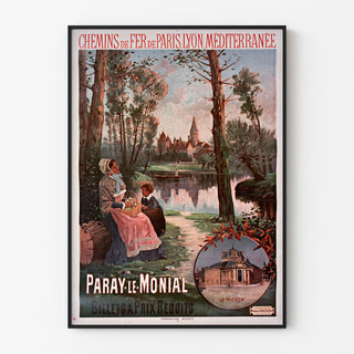 Vintage plakat "Paray-le-Monial, train" vist i en tynd ramme på en lys væg.