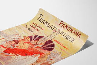 Vintage plakat Paris 1900, transatlantisk panorama, vist på et bøjet ark set i perspektiv.
