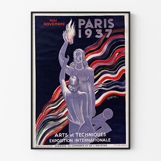 Vintage plakat Paris 1937, Arts et techniques, vist i en smal ramme på en lys væg.