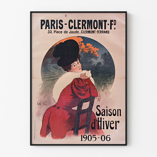 Vintage plakat Paris-Clermont, vintersæson, præsenteret i en tynd ramme på en lys væg.