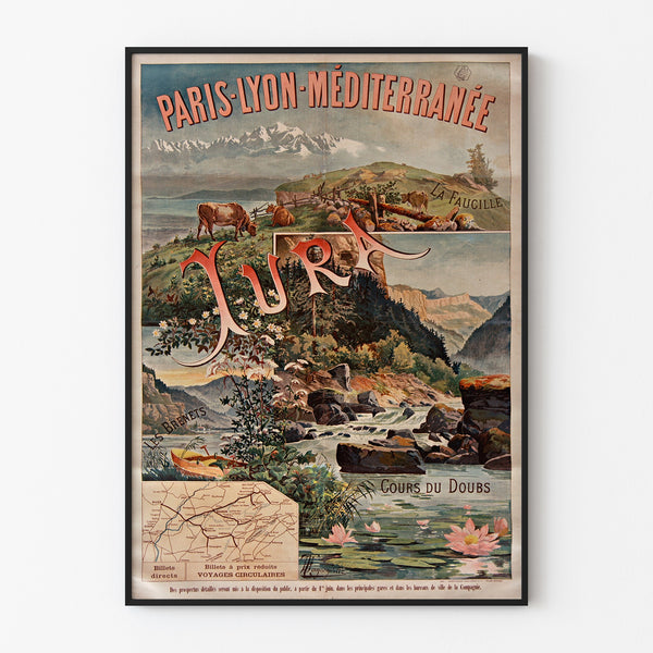 Vintageplakat Paris Lyon Méditerranée, Jura, vist i en tynd ramme på en lys væg.