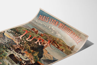 Vintageplakat Paris Lyon Méditerranée, Jura, vist på et buet ark set i perspektiv.