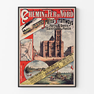 Vintage plakat Paris, Saint-Denis, tog og sporvogne, indrammet i en tynd ramme på en lys væg.
