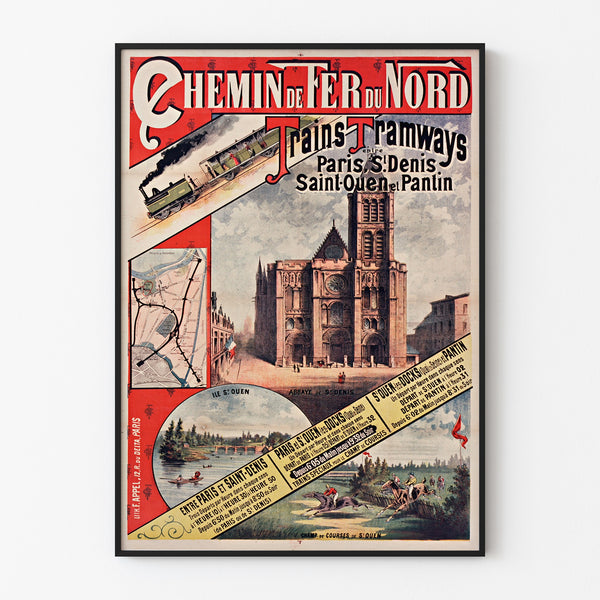 Vintage plakat Paris, Saint-Denis, tog og sporvogne, indrammet i en tynd ramme på en lys væg.